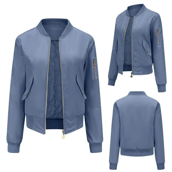 IROINNID Women's Casual Short Jacket Stand Collar Solid Color Jacket Long Sleeve Outwear, Blue