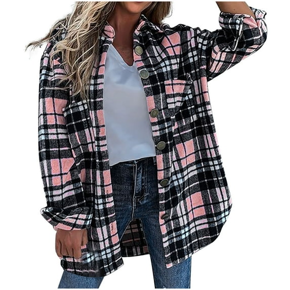 IROINNID Women's Casual Short Jacket Turndown Lapel Plaid Shacket Long Sleeve Outwear, Pink