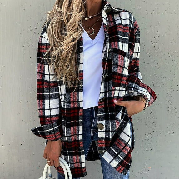 IROINNID Women's Casual Short Jacket Turndown Lapel Plaid Shacket Long Sleeve Outwear, Red