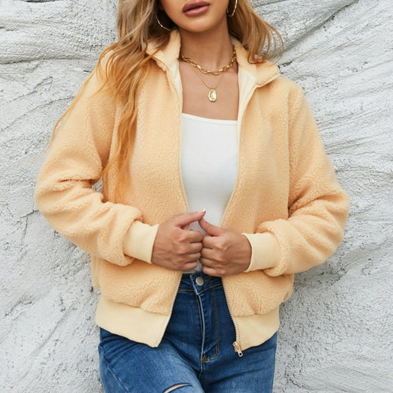 IROINNID Women's Casual Short Jacket Turndown Lapel Solid Color Blouson Jacket Long Sleeve Outwear, Yellow