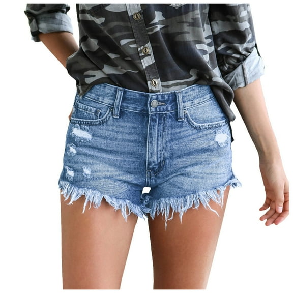 IROINNID Women's Casual Stretchy High-Waist Frayed Hem Denim Shorts
