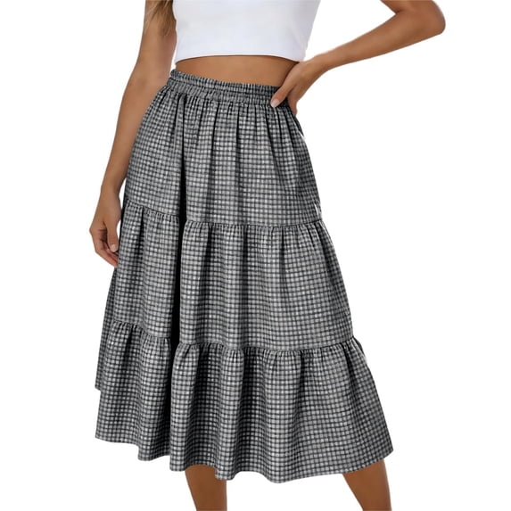 IROINNID Women's Casual Summer Plaid Print Skirts,Elastic Waist Loose Midi Skirts,Layered Ruffle Skirts,Comfortable Daily Wear Skirts