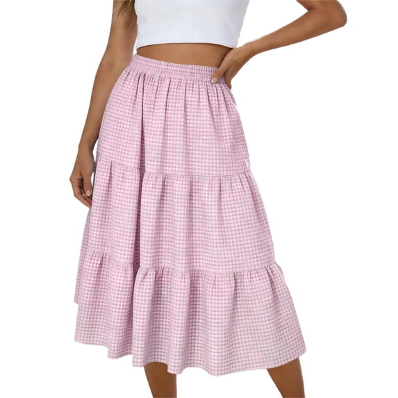 IROINNID Women's Casual Summer Plaid Print Skirts,Elastic Waist Loose Midi Skirts,Layered Ruffle Skirts,Comfortable Daily Wear Skirts