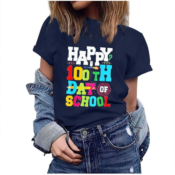 IROINNID Women's Casual Summer T-shirt Short Sleeve Round Neck Happy 100th Day Of School Printed Tops