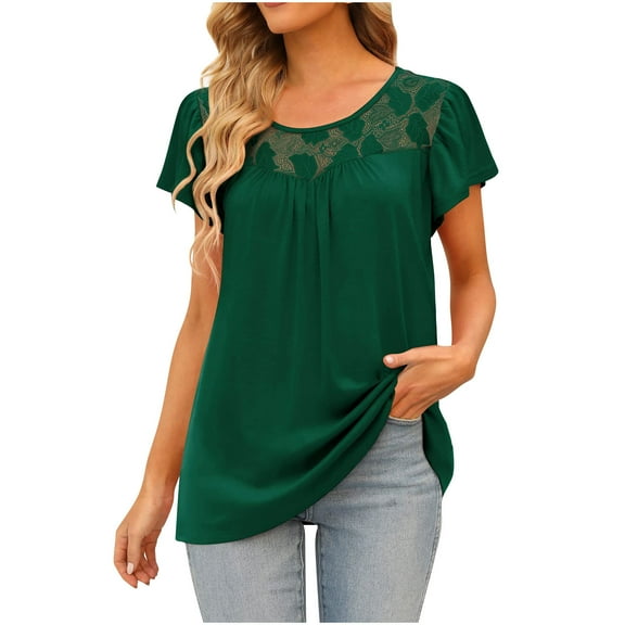 IROINNID Women's Casual Tops Lace Fashion Printed T-shirt Short Sleeves Blouse Round-Neck Casual Tops Spring