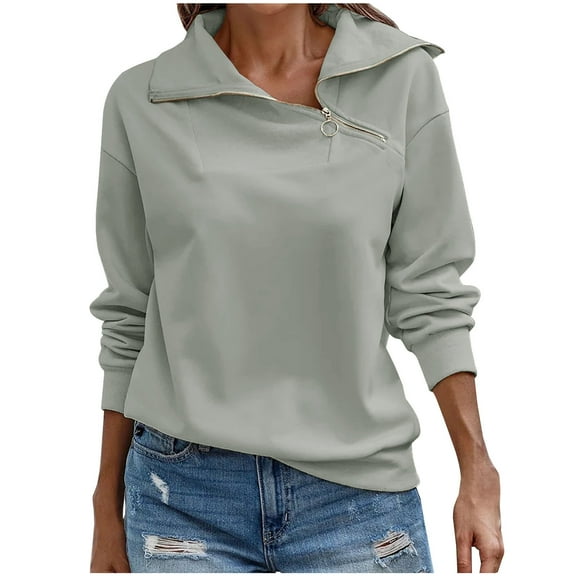 IROINNID Women's Casual Tops Long Sleeve Solid Loose Turtleneck Zipper Pullover Sweatshirts,Gray