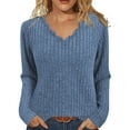 thumbnail image 1 of IROINNID Women's Casual V Neck Long Sleeve Top Lace Trim Blouse Comfortable Women Solid Color Blouse for Home Daily Wear Fashion Basic Shirts(Blue#1,L), 1 of 7