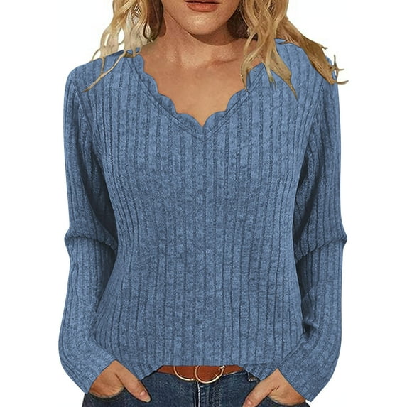 IROINNID Women's Casual V Neck Long Sleeve Top Lace Trim Blouse Comfortable Women Solid Color Blouse for Home Daily Wear Fashion Basic Shirts(Blue#1,L)