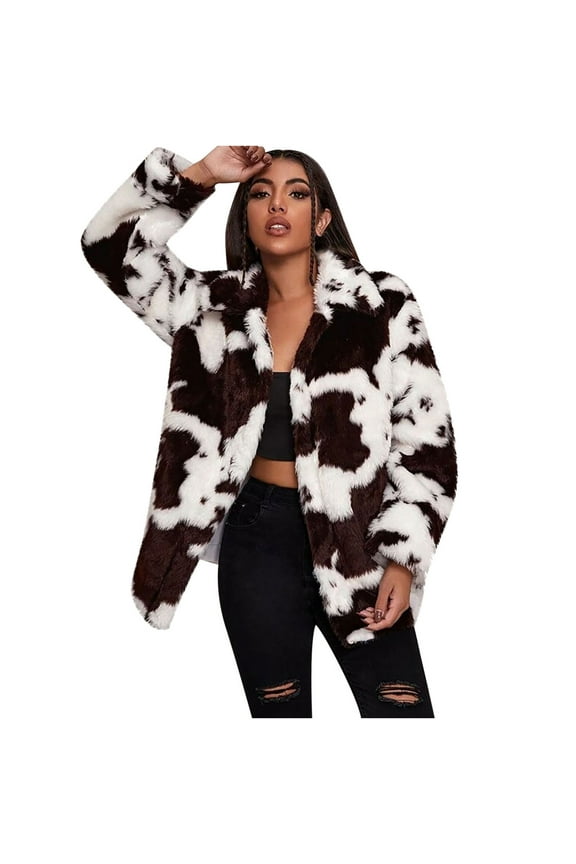 Women's Coat Shearling Coat Turndown Lapel Graphic Prints Long Sleeve Casual Autumn And Winter New Harajuku Style Cow Pattern Imitation Coat Jacket Loose Coat, Black