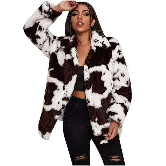 IROINNID Women's Coat Shearling Coat Turndown Lapel Graphic Prints Long Sleeve Casual Autumn And Winter New Harajuku Style Cow Pattern Imitation Coat Jacket Loose Coat, Black