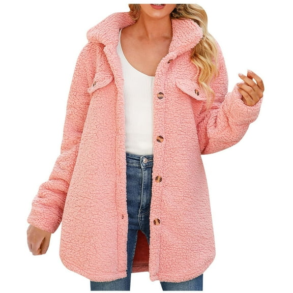 IROINNID Women's Coat Shearling Coat Turndown Lapel Solid Color Long Sleeve Comfy Button Recreational Tops, Pink