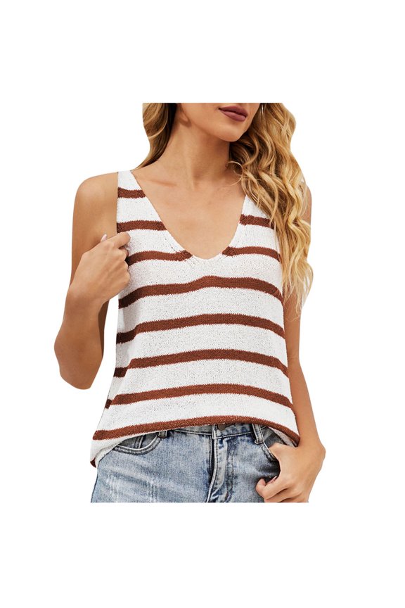Women's Color Contrast Knitting Stripe Camisole V-Neck Casual Tank Tops