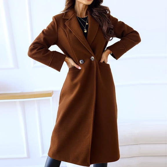 IROINNID Women's Comfy Mid-Long Coat Notch Lapel Solid Color Trench coat Long Sleeve Outwear, Brown