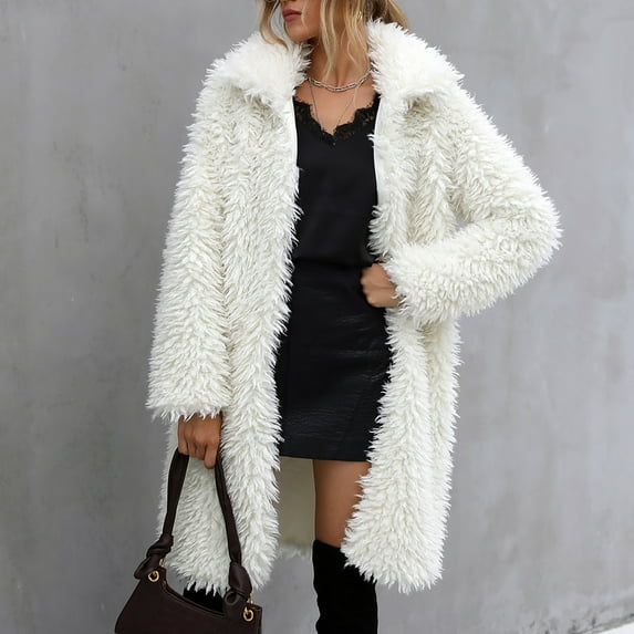 IROINNID Women's Comfy Mid-Long Coat Solid Color Open Front Long Sleeve Warm Outwear, White