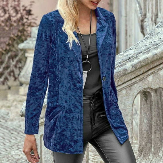 IROINNID Women's Comfy Short Jacket Notch Lapel Solid Color Blazer Long Sleeve Outwear, Blue