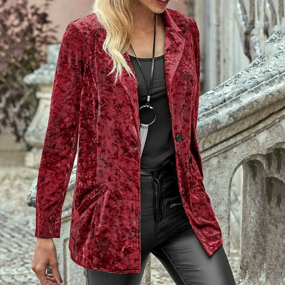 IROINNID Women's Comfy Short Jacket Notch Lapel Solid Color Blazer Long Sleeve Outwear, Red