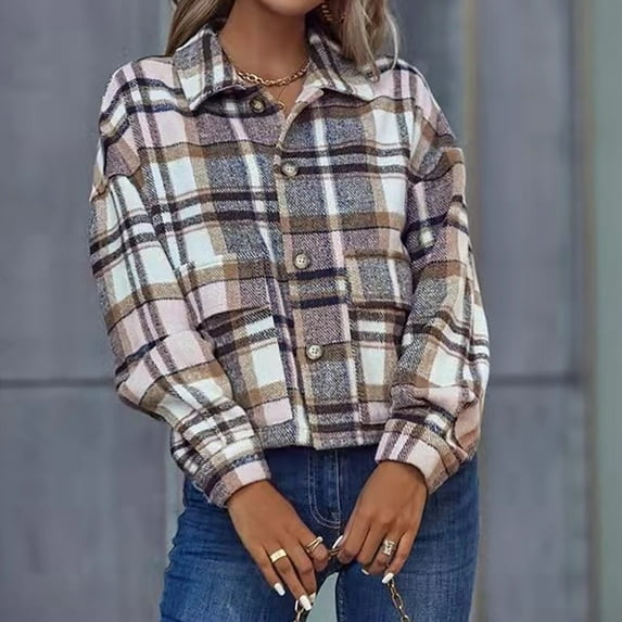 IROINNID Women's Comfy Short Jacket Turndown Lapel Plaid Shacket Long Sleeve Button Down Outwear, Pink