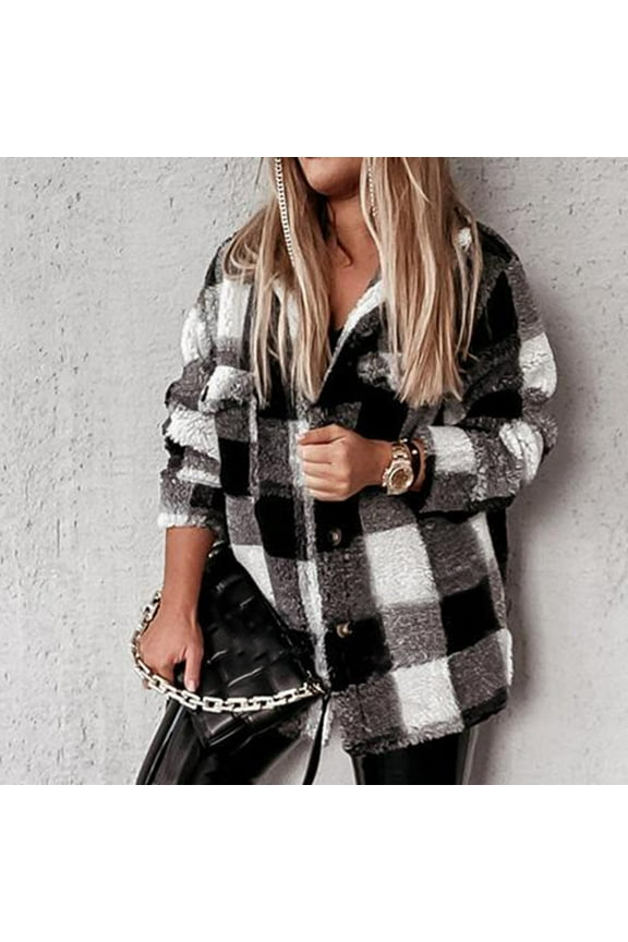 Women's Comfy Short Jacket Turndown Lapel Plaid Shacket Long Sleeve Outwear, , Black