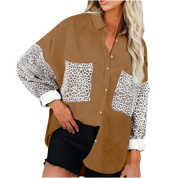 IROINNID Women's Corduroy Jacket Turndown Lapel Contrast Color Long Sleeve Casual Leopard Pockets Splicing Buttons Tops Outerwear Jacket Coat, Brown