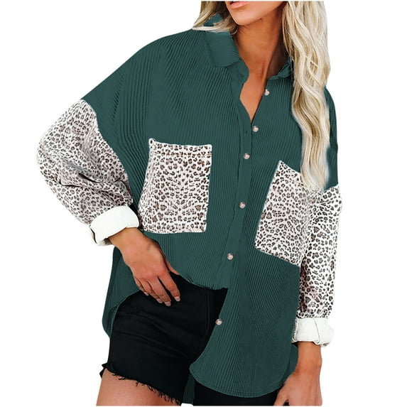 IROINNID Women's Corduroy Jacket Turndown Lapel Contrast Color Long Sleeve Loose Leopard Pockets Splicing Buttons Tops Outerwear Jacket Coat, Green
