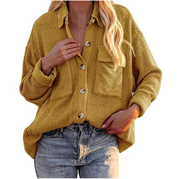 IROINNID Women's Corduroy Jacket Turndown Lapel Solid Color Long Sleeve Comfy Pockets Buttons Outerwear, Yellow