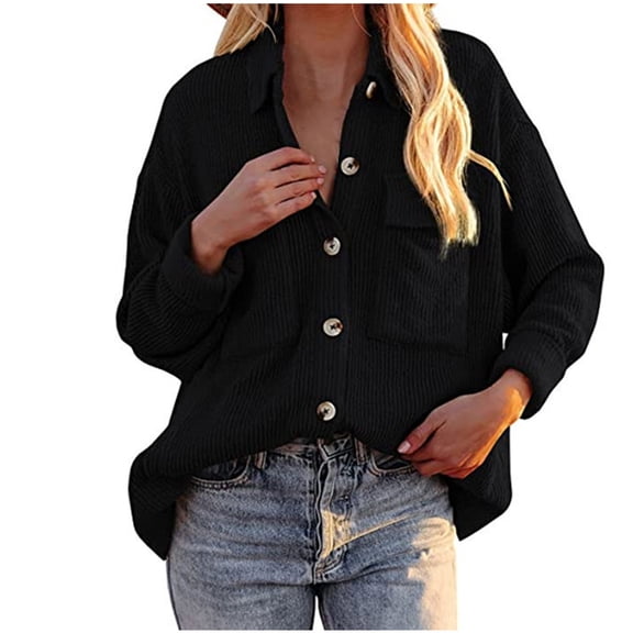 IROINNID Women's Corduroy Jacket Turndown Lapel Solid Color Long Sleeve Leisure Pockets Buttons Tops Outerwear, Black