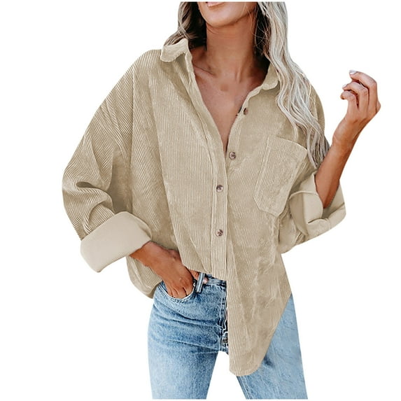 IROINNID Women's Corduroy Jacket Turndown Lapel Solid Color Long Sleeve Leisure Pockets Buttons Tops Outerwear Jacket Coat, Beige