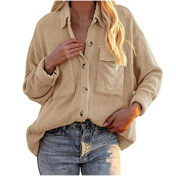 IROINNID Women's Corduroy Jacket Turndown Lapel Solid Color Long Sleeve Leisure Pockets Buttons Tops Outerwear, Khaki