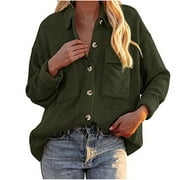 IROINNID Women's Corduroy Jacket Turndown Lapel Solid Color Long Sleeve Loose Pockets Buttons Tops Outerwear Jacket Coat, Army Green