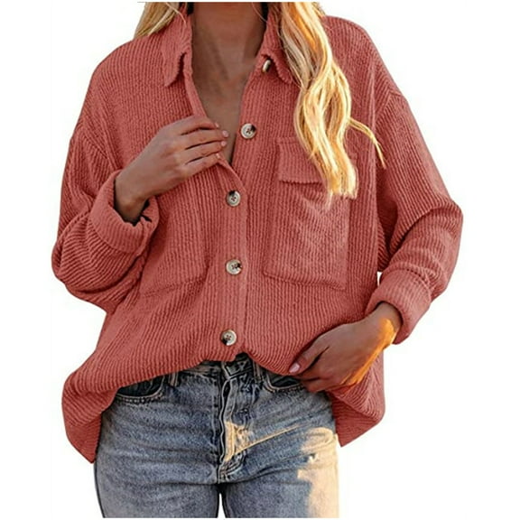 IROINNID Women's Corduroy Jacket Turndown Lapel Solid Color Long Sleeve Loose Pockets Buttons Tops Outerwear Jacket Coat, Watermelon Red