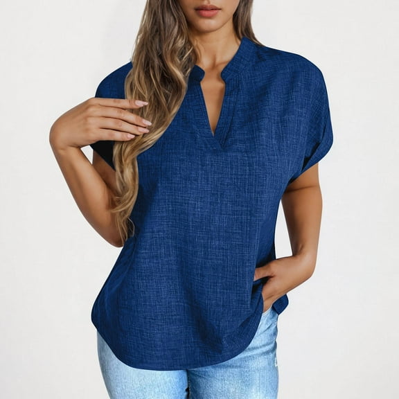 IROINNID Women's Cotton and Linen V-Neck Short Sleeve Loose T-Shirt Breathable Summer Casual Tops,Trendy Fashion Blouse,Lightweight Work and Playwear(Dark Blue,)