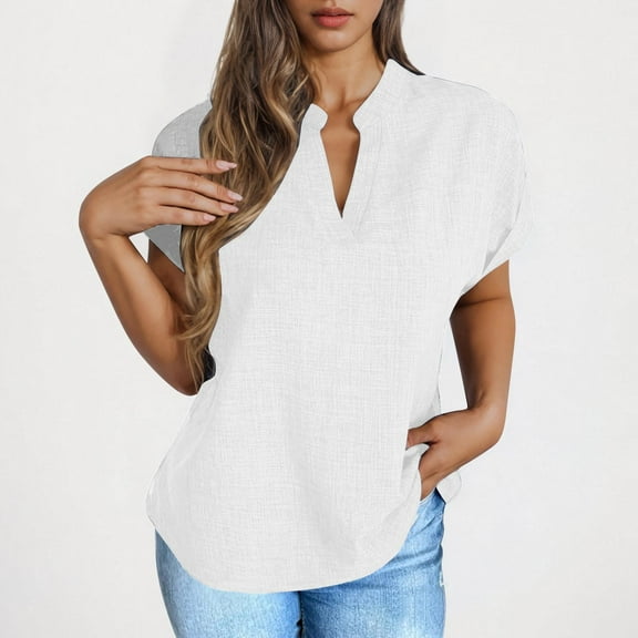 IROINNID Women's Cotton and Linen V-Neck Short Sleeve Loose T-Shirt Breathable Summer Casual Tops,Trendy Fashion Blouse,Lightweight Work and Playwear(White,)