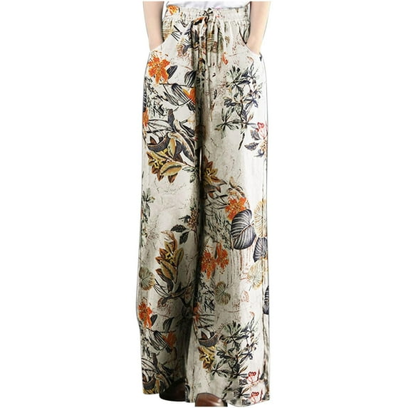 IROINNID Women's Cotton Linen Wide Leg Pants Elastic Waist Full Length Straight Print Oversize Trousers