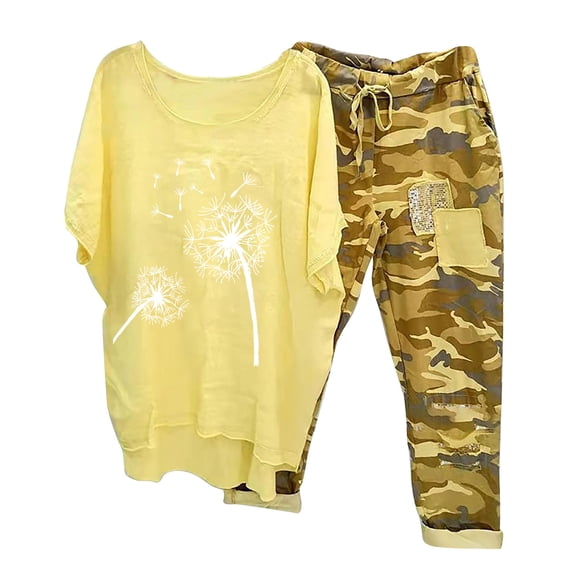 IROINNID Women's Cotton and Linen Sets Crewneck Half Sleeve Print Pullover + Elastic Camouflage Pants Trousers 2PCS, Up To Size 5XL
