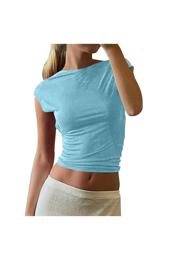 Women's Crop Backless Tops Tight-Fitting Short Sleeve High-Neck Solid Color Tops