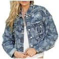 thumbnail image 1 of IROINNID Women's Denim Jacket Long Sleeve Graphic Prints Turndown Lapel Outwear, Casual Pockets Jacket Denim Outwear, 1 of 9