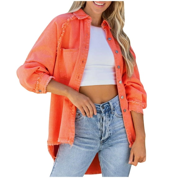 IROINNID Women's Denim Jacket Solid Color Long Sleeve Leisure Turndown Long Sleeve Hoodless Casual Outerwear Jackets Loose Coat, Orange