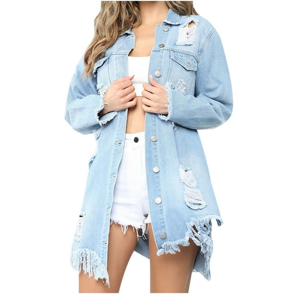 IROINNID Women's Denim Jacket Turndown Lapel Solid Color Long Sleeve Casual Denim Jacket Loose Autumn Coat , Light blue