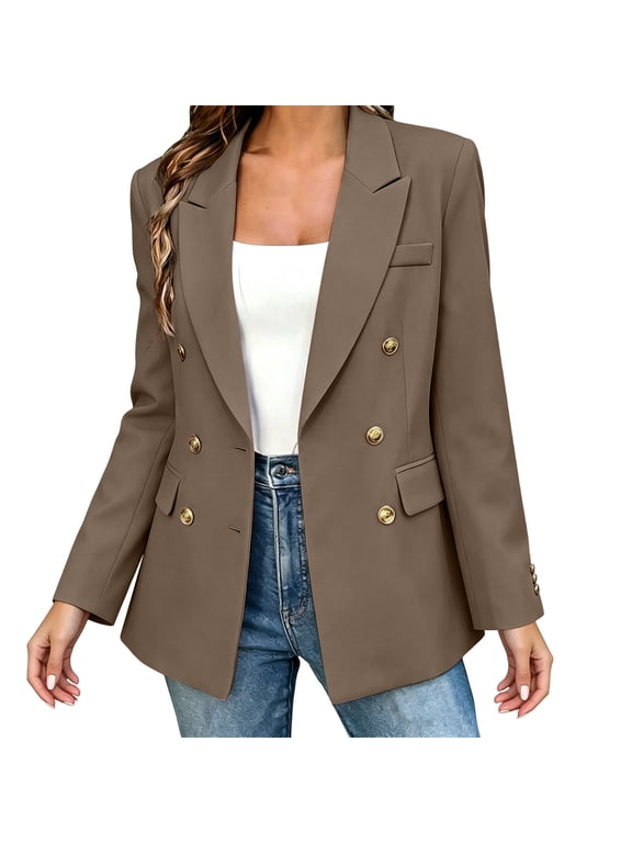 Women's Double Breasted Blazer with Padded Shoulders Gold Buttons Long Sleeve Notched Lapel Solid Color Coat for Office Work and Casual Daily Wear