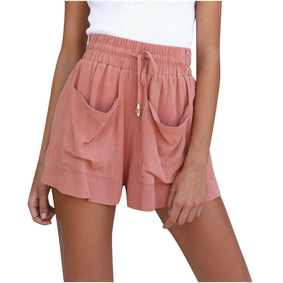 IROINNID Women's Drawstring Cotton And Linen Elastic Waist Pocket Solid Shorts With Pocket Shorts With Pocket