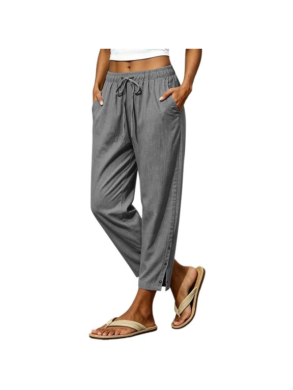 Women's Drawstring Waist Wide Leg Pants with Pockets Snap Button Side Detail Casual Summer Beach Vacation Travel Relaxed Fit Full Length Trousers.