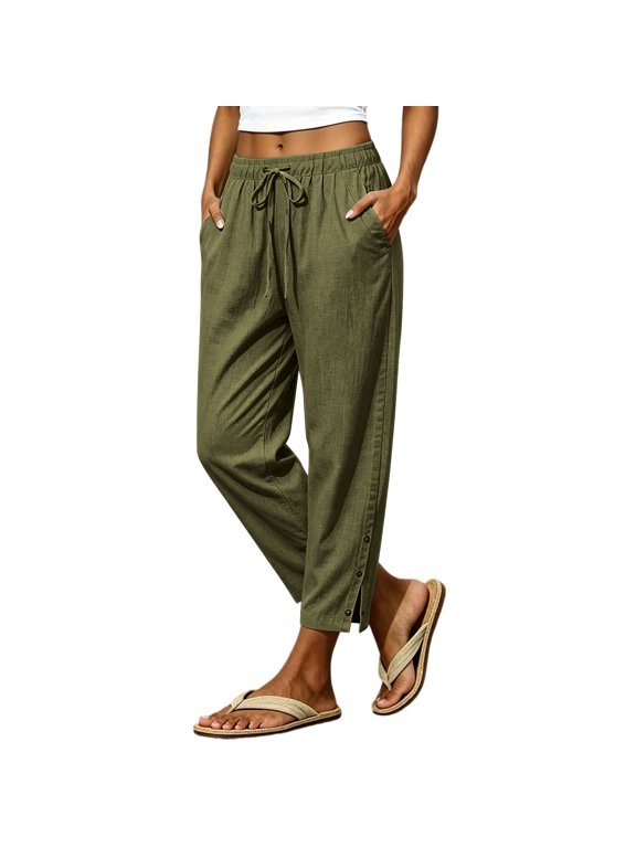 Women's Drawstring Waist Wide Leg Pants with Pockets Snap Button Side Detail Casual Summer Beach Vacation Travel Relaxed Fit Full Length Trousers.