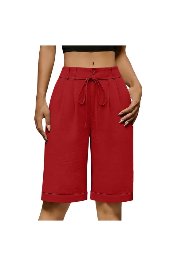 Women's Elastic Waist Solid Culottes,Loose Straight Leg Five Quarter Pants,Casual Side Slit Pants with Pockets,Versatile Pants for Daily Wear Vacation