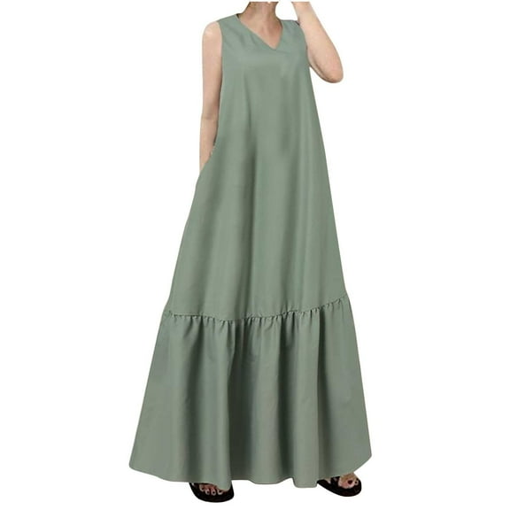IROINNID Women's Empire Dress Fashion Casual Summer Pocket Sleeveless Lace Print Dress V-Neck Comfort Waist Dress