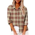 thumbnail image 1 of IROINNID Women's Fall Tops Long Sleeve Button Linen Shirts Plaid Turndown Lapel Casual Shirts Comfy Work Tops,Beige, 1 of 8