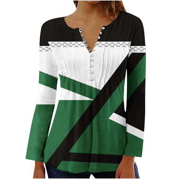 IROINNID Women's Fall Tops Long Sleeve Christmas Printed V-neck Tunic Tops Casual Loose Fit Button Comfy Pleated Top,Green