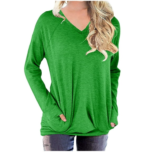 IROINNID Women's Fall Tops Long Sleeve Oversized Base Shirts Solid Workout Sweatshirts Casual Basic V-Neck Loose Fit Pullover with Pocket,Green