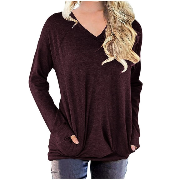 IROINNID Women's Fall Tops Long Sleeve Oversized Base Shirts Solid Workout Sweatshirts Casual Basic V-Neck Loose Fit Tops with Pocket,Burgundy