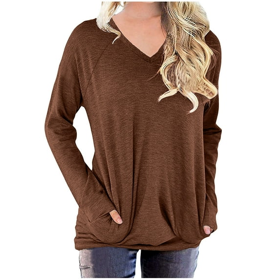 IROINNID Women's Fall Tops Long Sleeve Oversized Base Shirts Workout Sweatshirts Casual Basic V-Neck Relaxed Fit Tops with Pocket,Coffee