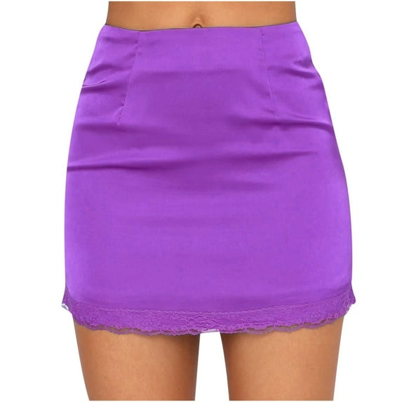 IROINNID Women's Fashion Casual High Waist Stretch Satin Lace Short Elastic Waist Mini Solid Color Skirt